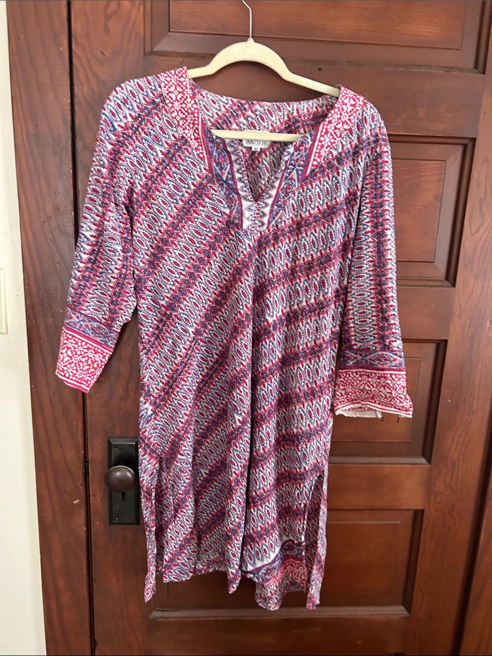 Relaxed Red Printed Tunic with Split V-Neck